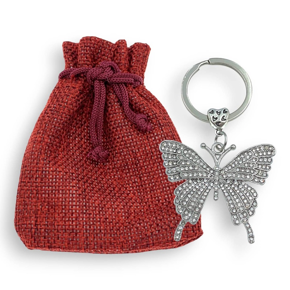 Evenchae Silver Butterfly Keychain - Covered in Rhinestones - Gift Bag - 3”L